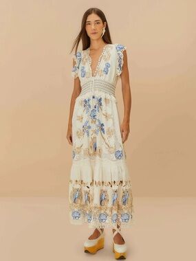FARM Rio White Maxi Dress with Blue & Tan Embroidery
